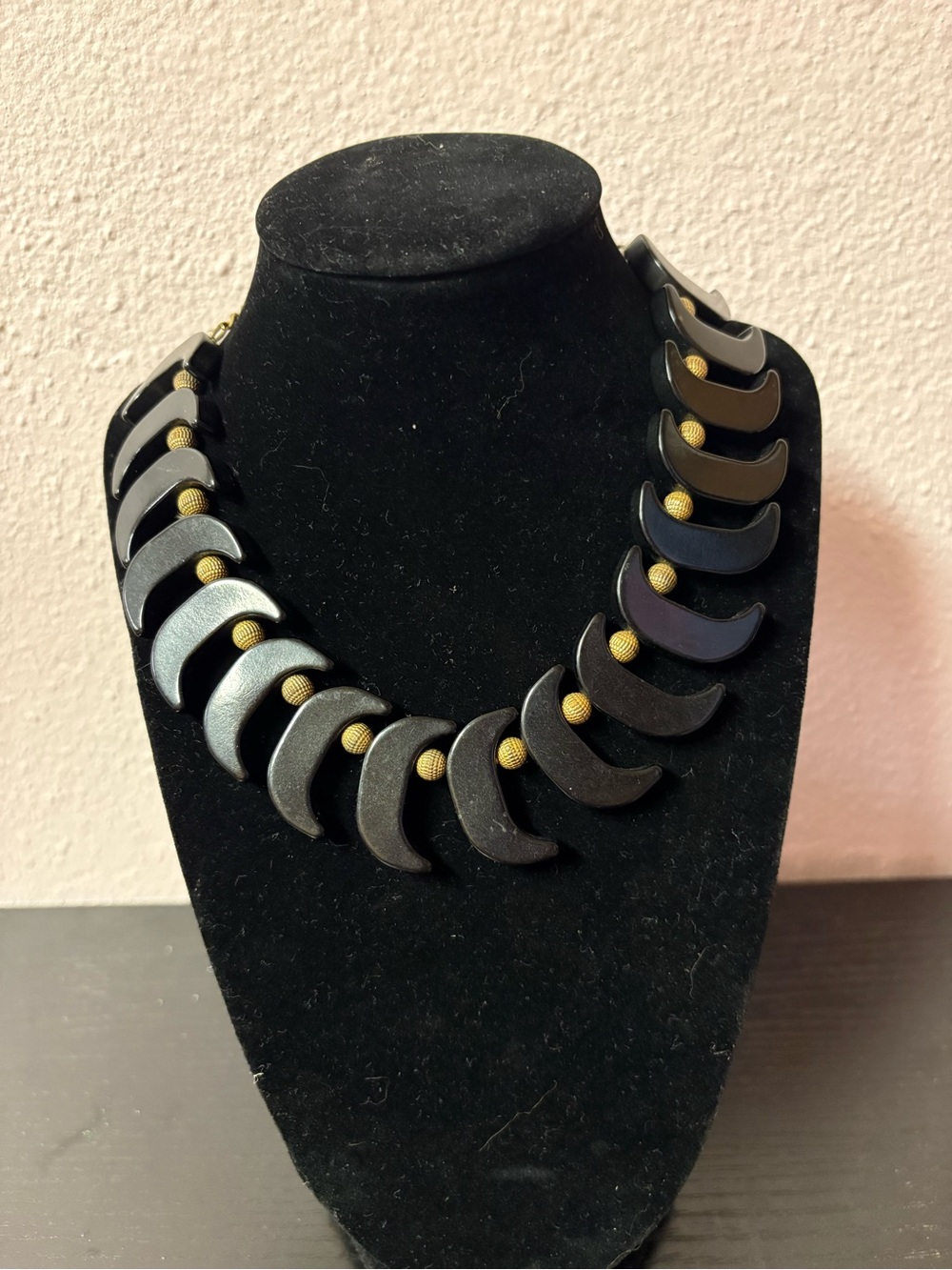 Black Crescent Statement Necklace Gold Tone Beads Adjustable Boho Bib